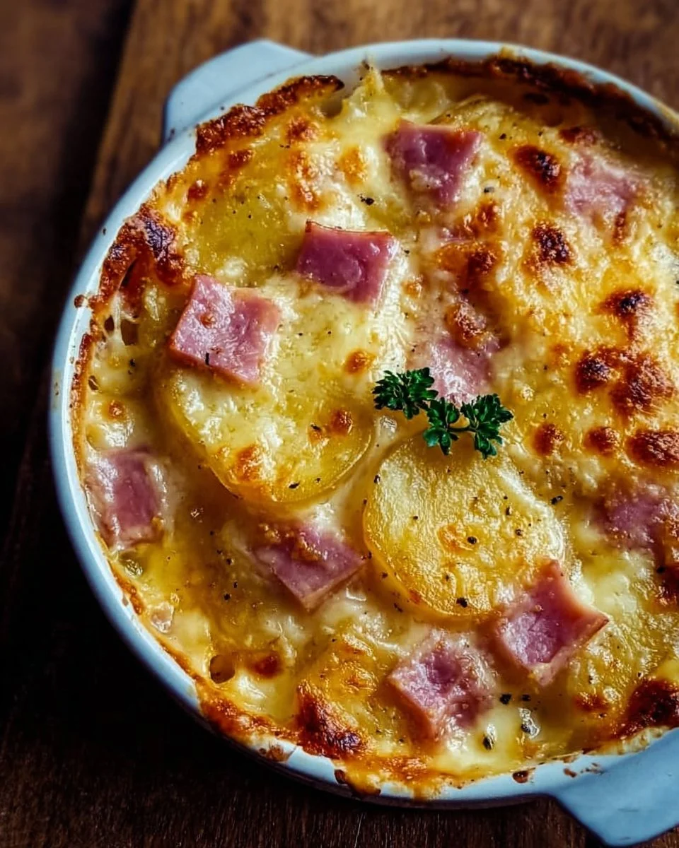 Delicious Ham and Potato Au Gratin dish, creamy and cheesy with layers of ham and potatoes.