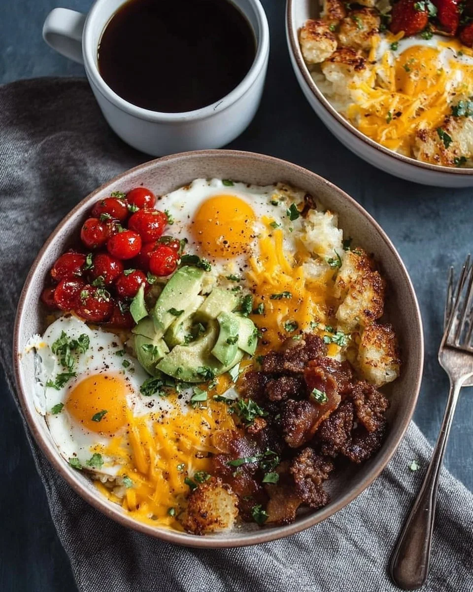 Delicious hash brown breakfast bowls with toppings and ingredients.
