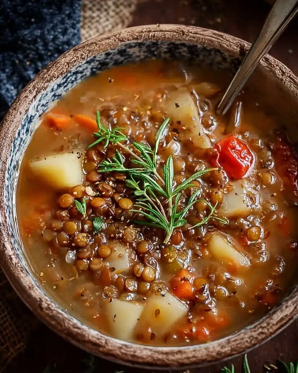 Bowl of hearty lentil vegetable soup with fresh vegetables and herbs