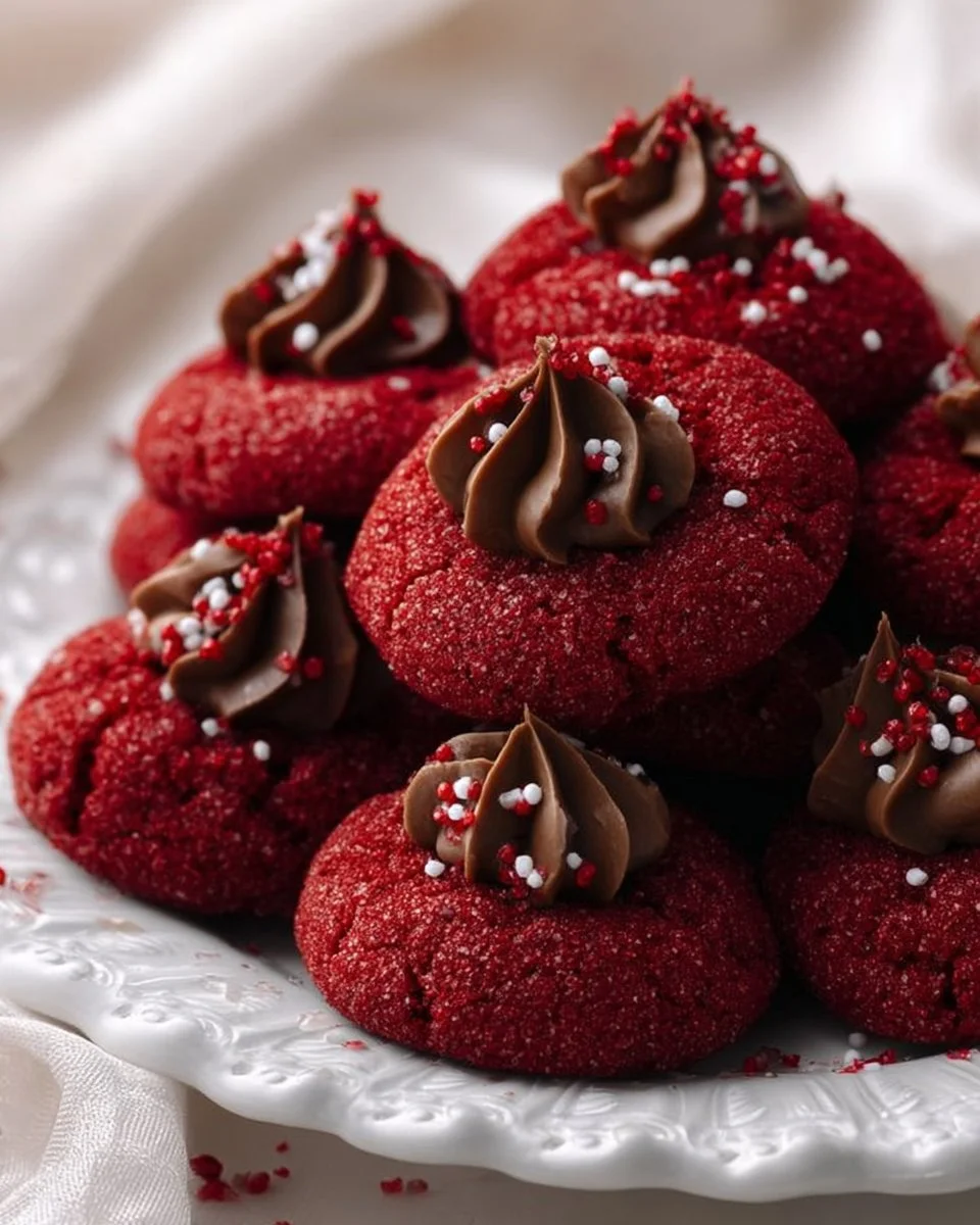 Delicious Hershey's Red Velvet Blossoms cookies on a plate.