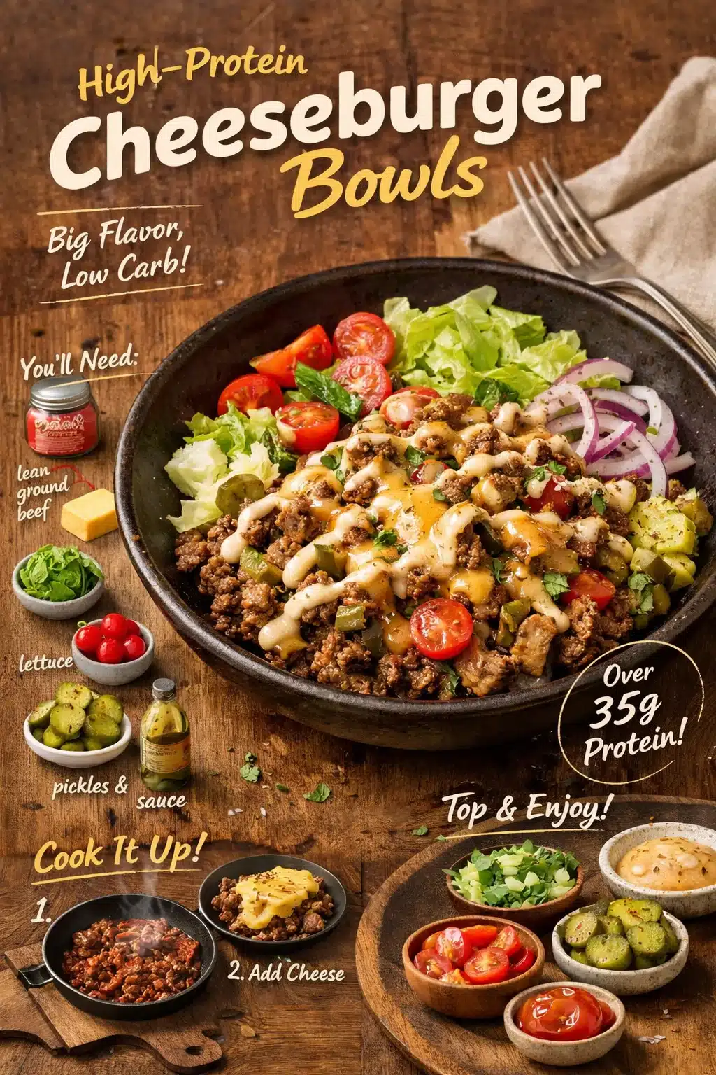 High-protein cheeseburger bowls with fresh ingredients and toppings