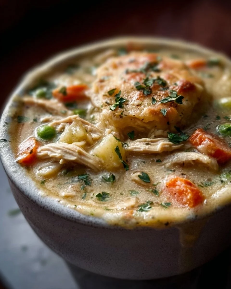 High Protein Chicken Pot Pie Soup in a bowl garnished with herbs