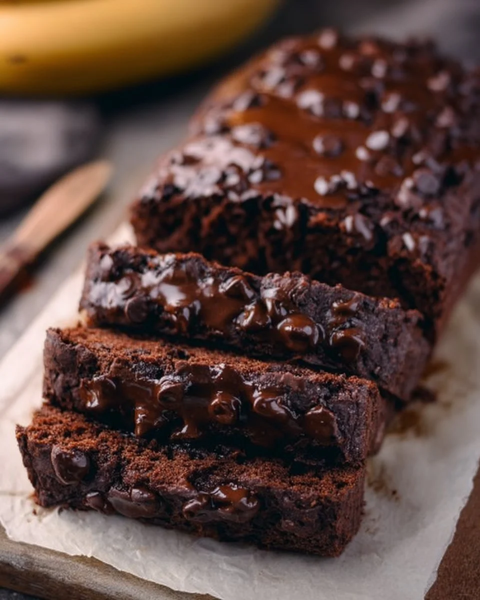 High-Protein Chocolate Banana Bread slice on a plate with chocolate chips