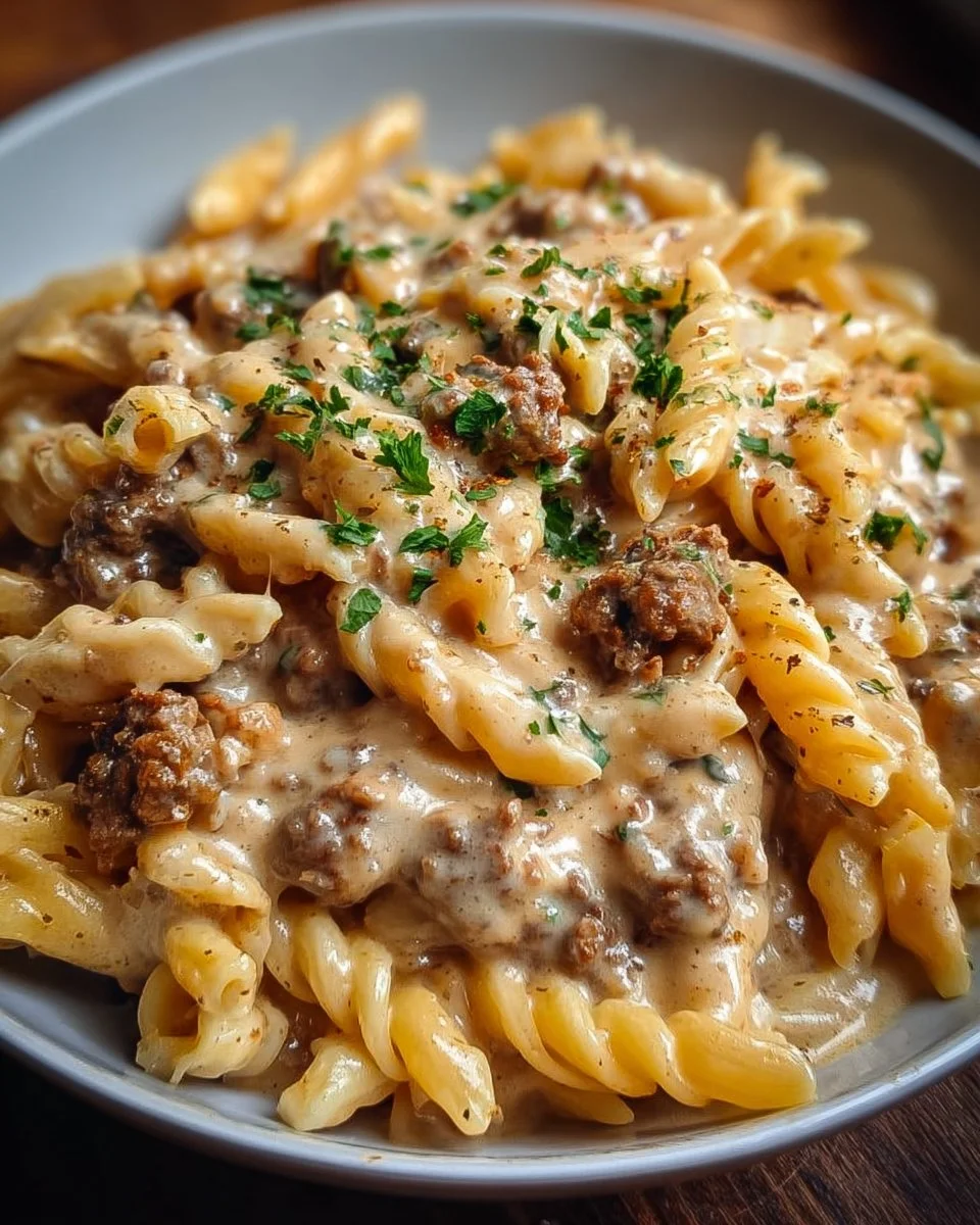 High protein creamy beef pasta dish garnished with parsley and parmesan cheese