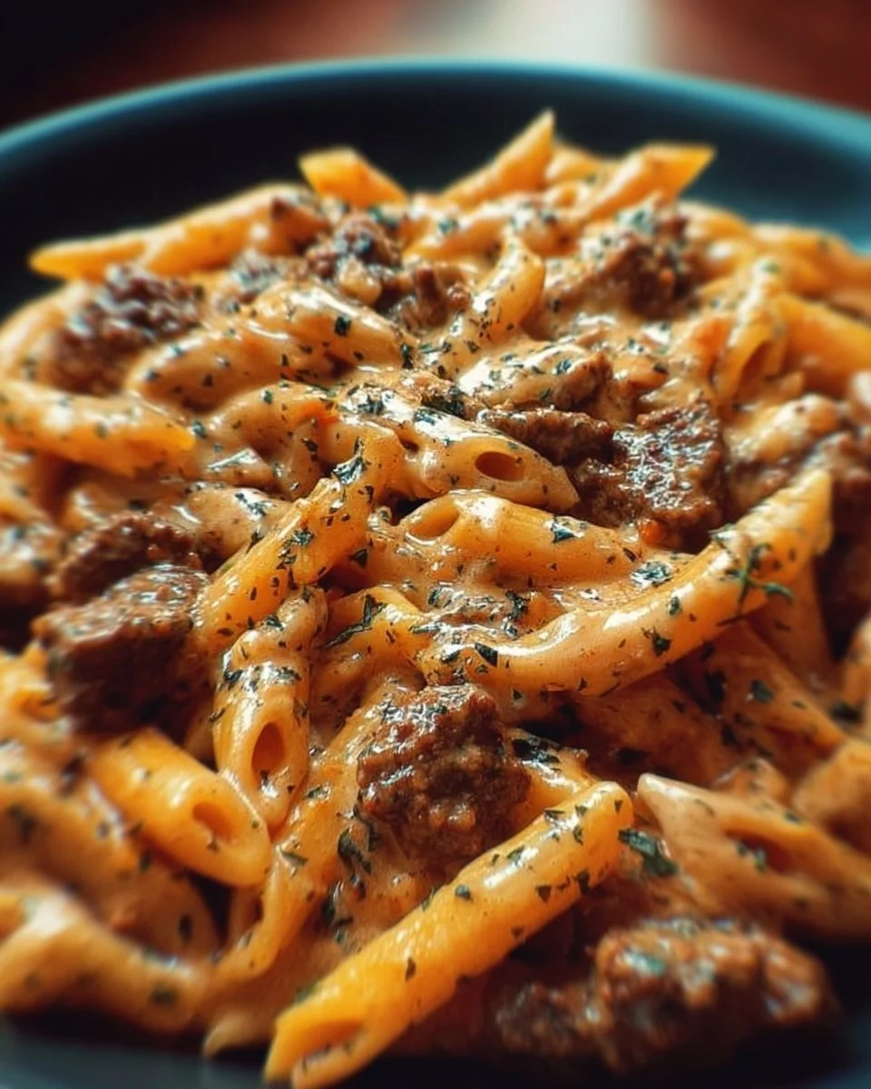 High protein creamy beef pasta dish garnished with herbs