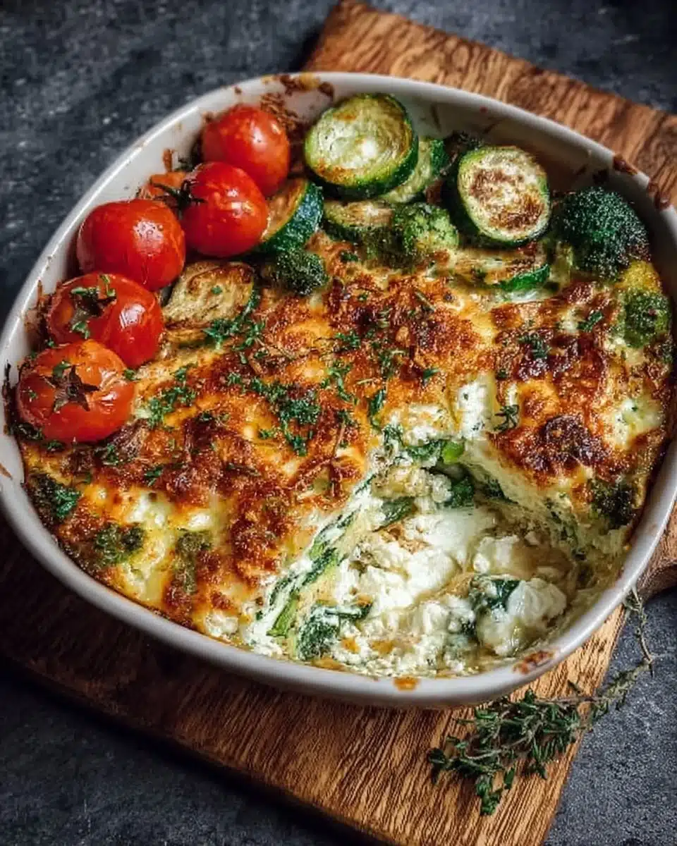 High-protein veggie bake with cottage cheese, fresh vegetables and herbs.