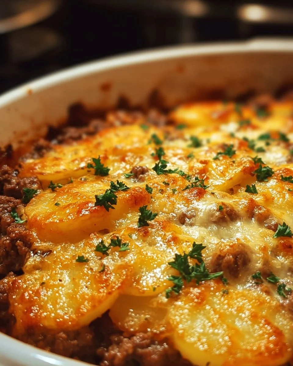 Delicious Hobo Casserole served in a rustic dish, showcasing layers of meat and veggies.