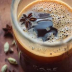 Homemade chai concentrate in a glass jar with spices
