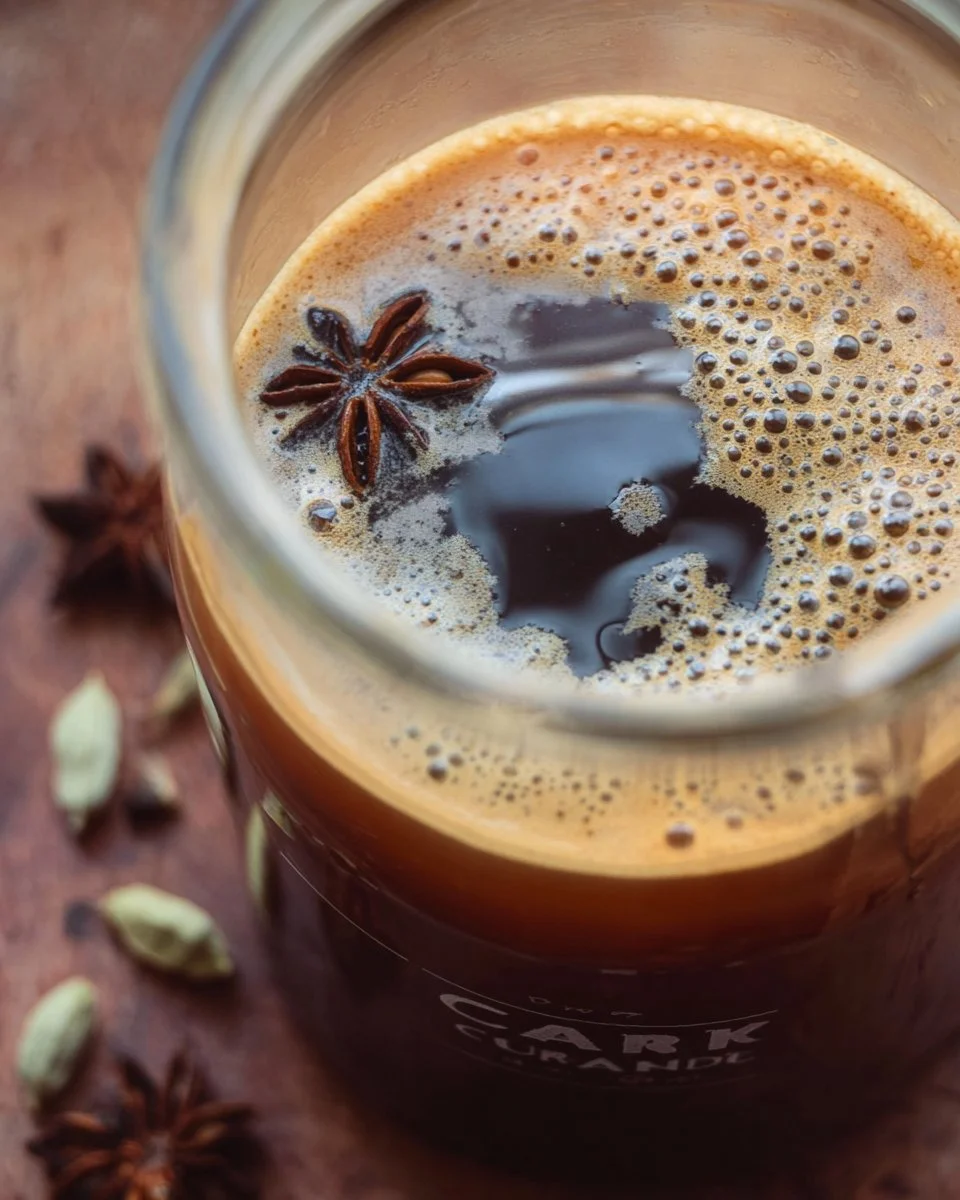 Homemade chai concentrate in a glass jar with spices