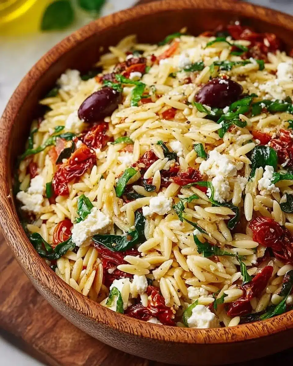 Homemade Orzo Pasta Salad with Feta and Sun-Dried Tomatoes - flirtyfood