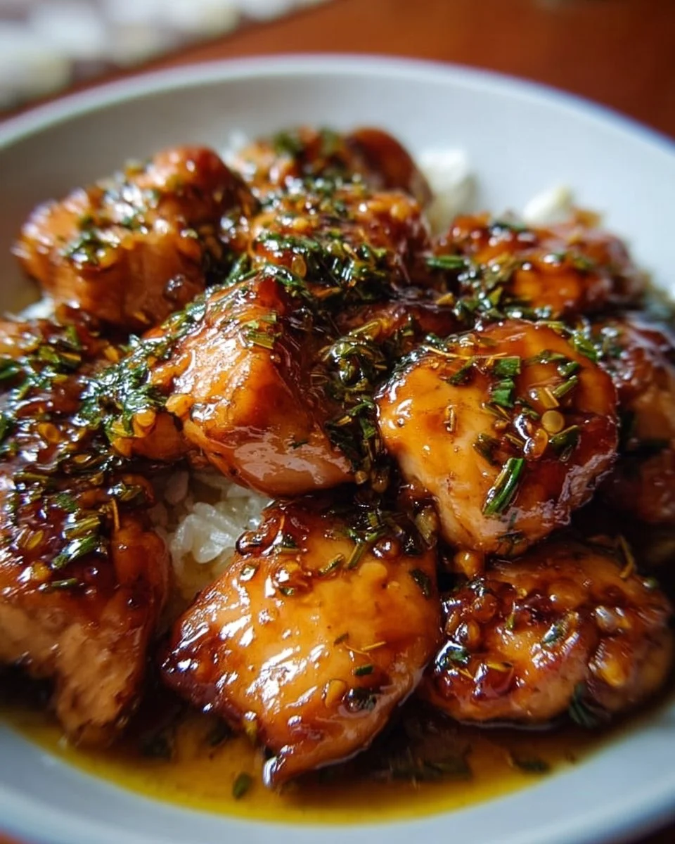 A delicious plate of Honey Garlic Chicken garnished with green onions