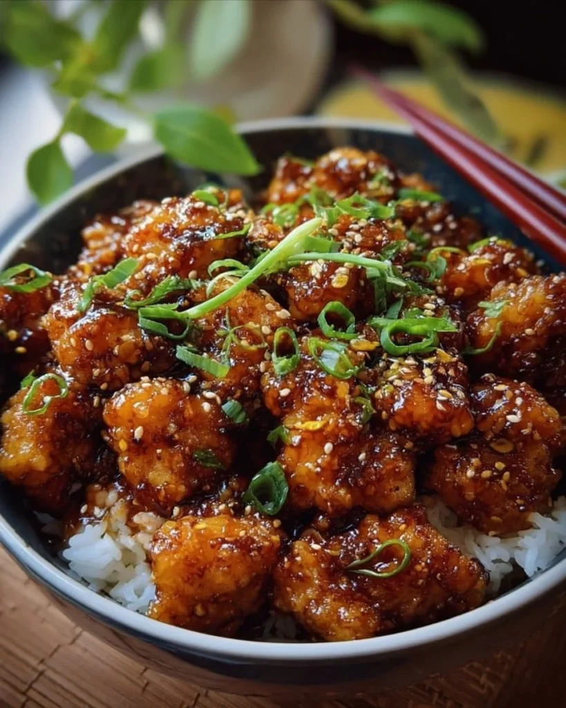 Delicious Honey Garlic Chicken garnished with green onions on a white plate
