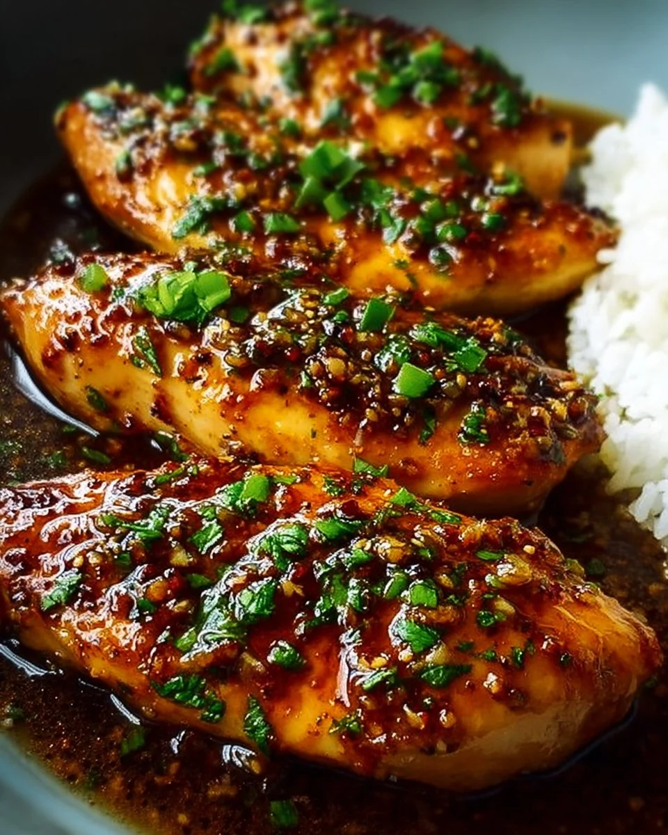 Juicy Honey Garlic Chicken Breasts garnished with herbs and served with vegetables
