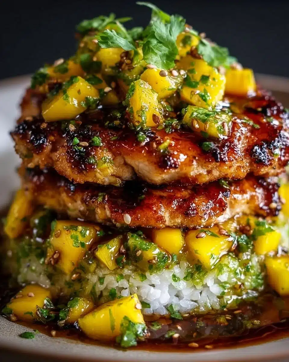 Honey Lime Chicken Mango Stack served on a plate with vibrant mango and lime garnish