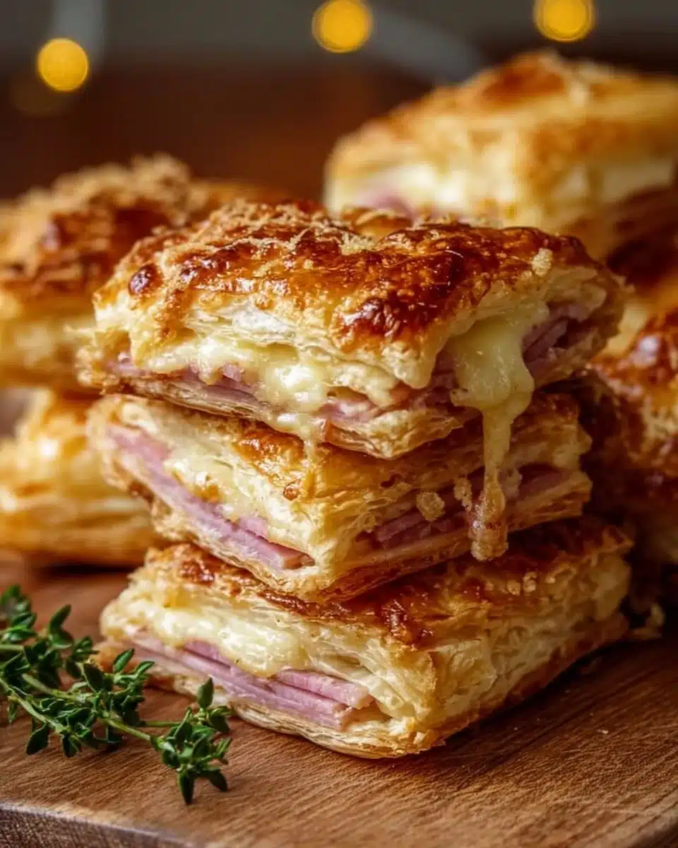 Crispy ham cheese puff pastry stacks ready to be served as appetizers.