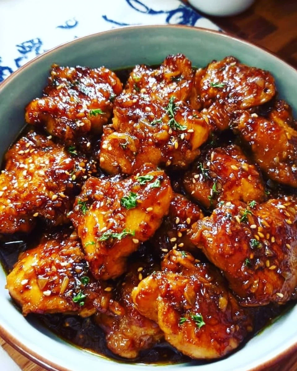 Instant Pot honey garlic chicken garnished with fresh herbs