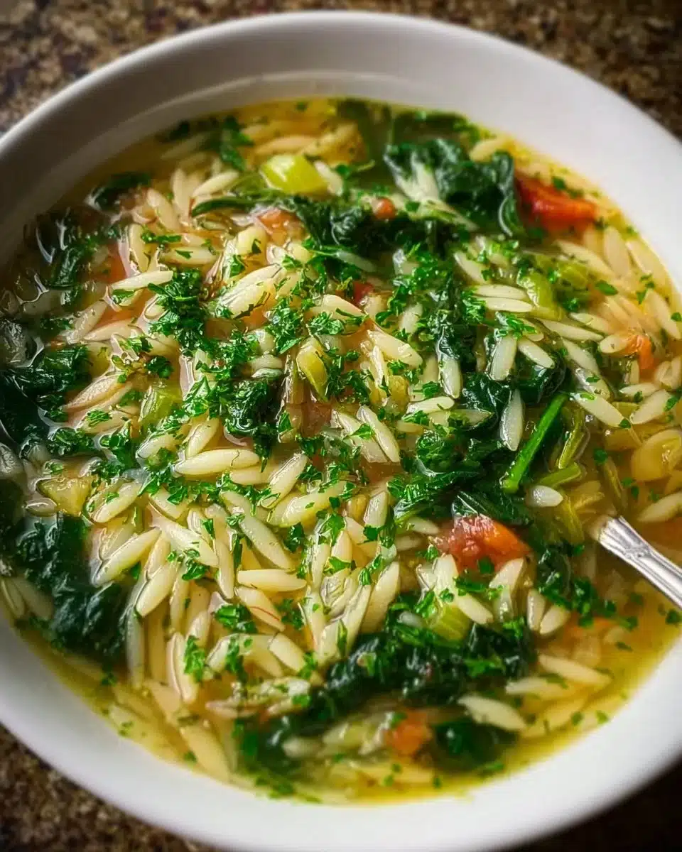 Bowl of Italian Orzo Spinach Soup garnished with fresh herbs