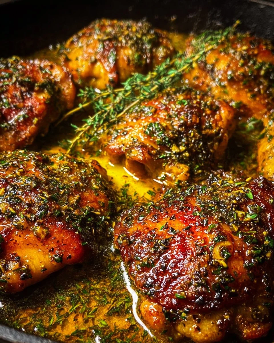 Juicy garlic butter chicken thighs served on a plate with herbs.