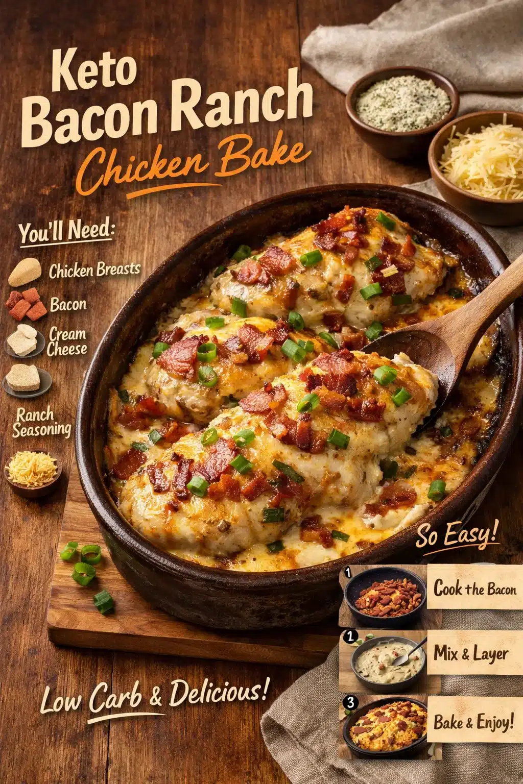 Keto Bacon Ranch Chicken Bake topped with crispy bacon and creamy ranch sauce.