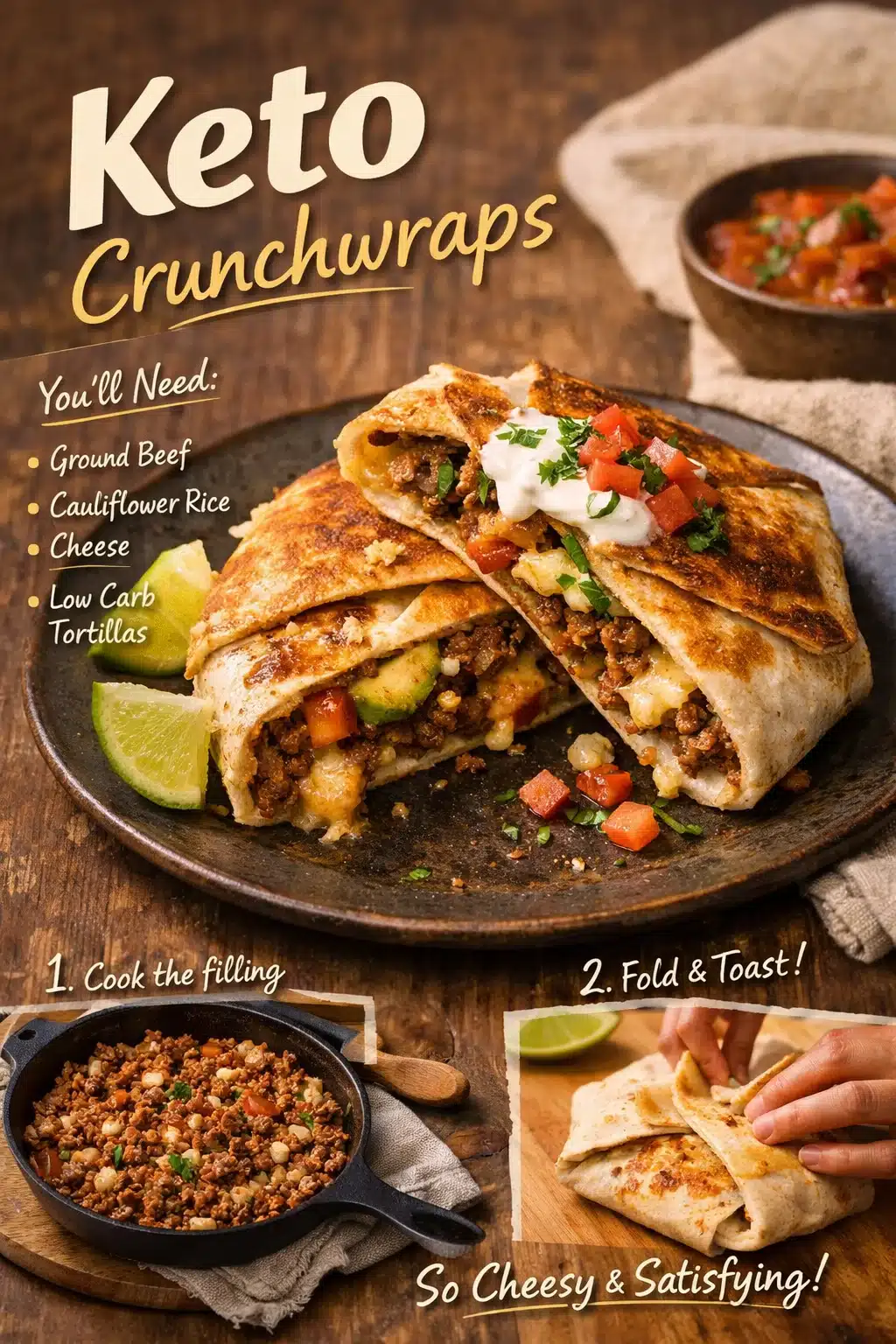 Delicious Keto Crunchwraps on a plate with toppings.
