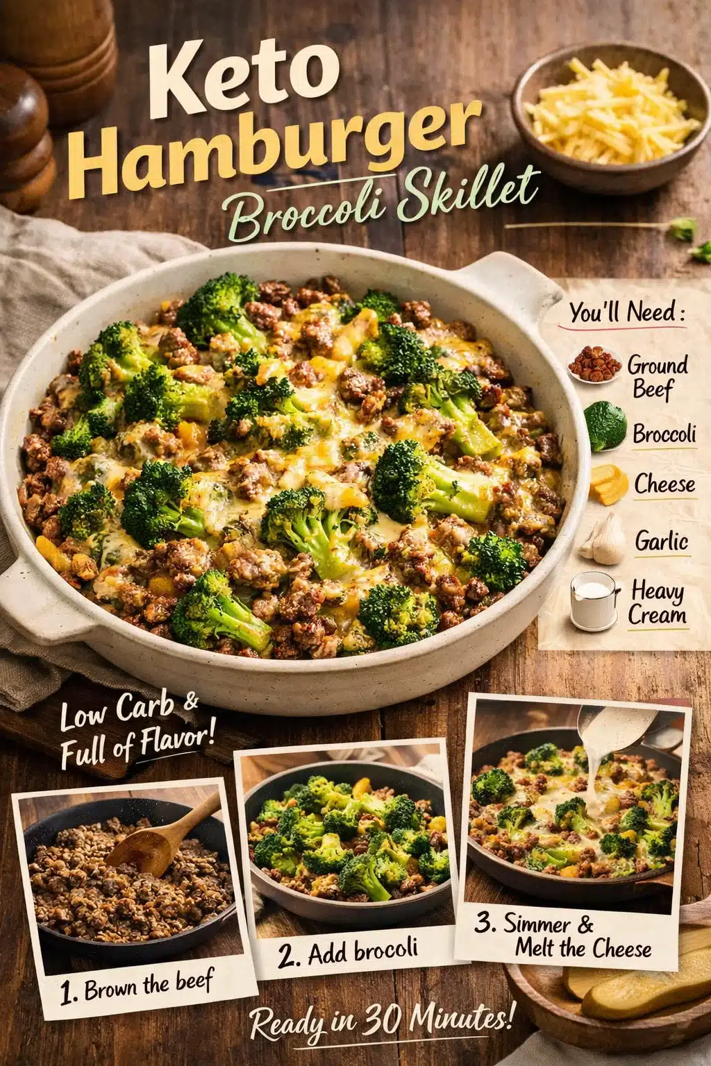 Keto Hamburger Broccoli Skillet served in a frying pan with fresh broccoli and seasoning.