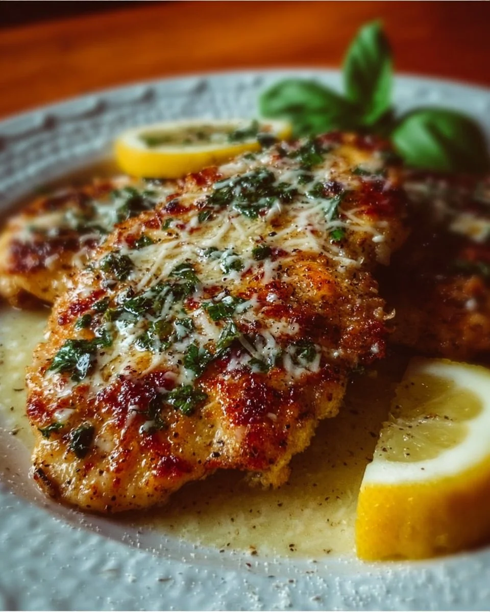 Delicious Lemon Chicken Romano garnished with herbs and lemon slices