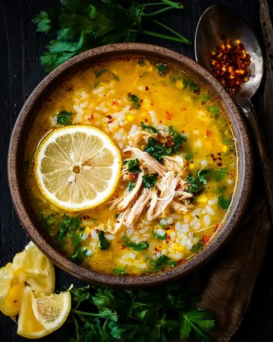 A bowl of Lemon Ginger Turmeric Chicken and Rice Soup, a comforting chicken soup dish.