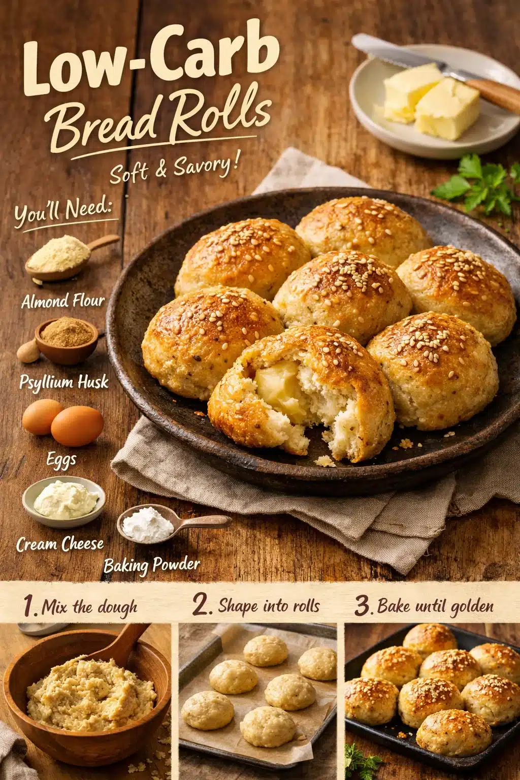 Freshly baked low-carb bread rolls on a wooden surface