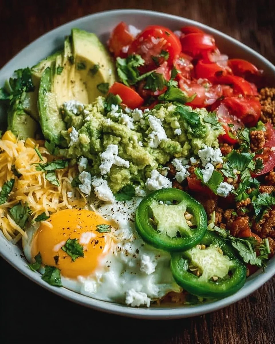 Low-carb burrito bowl filled with fresh vegetables and savory protein