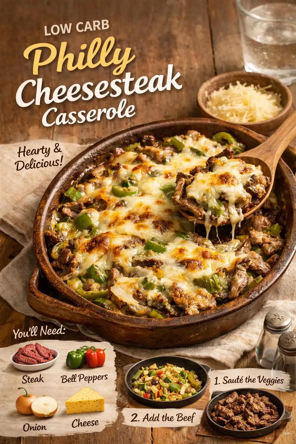 Low carb Philly cheesesteak casserole with melted cheese and peppers