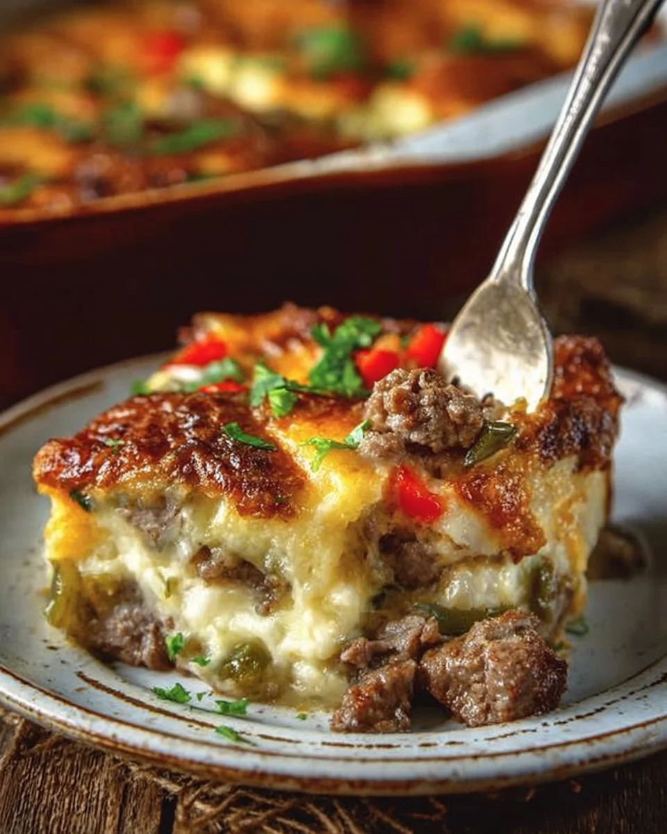 Low carb Philly cheesesteak casserole in a baking dish