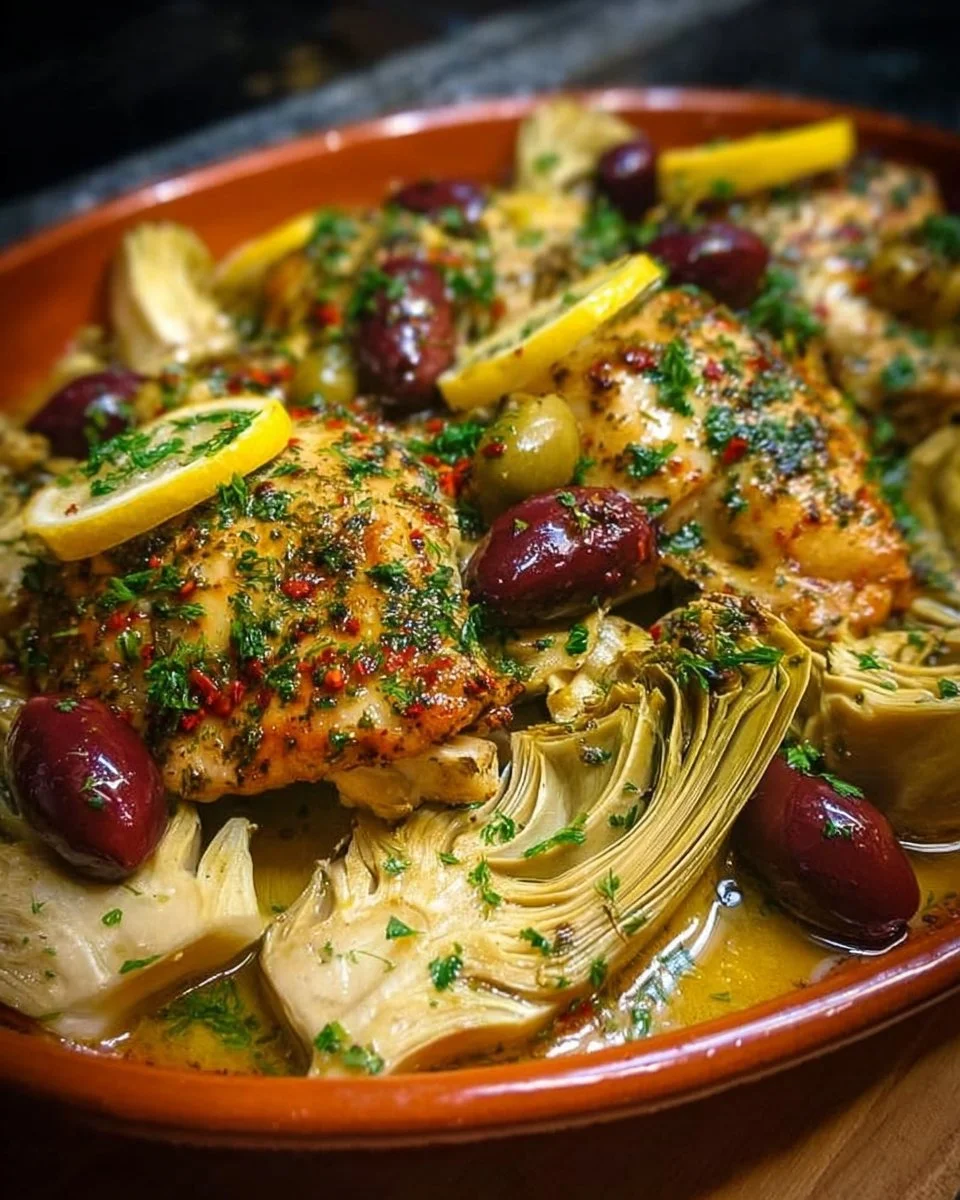 Mediterranean lemon chicken dish garnished with fresh herbs and served on a plate