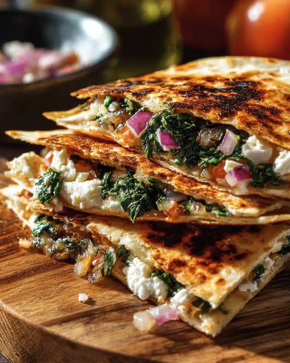 Mediterranean Quesadillas with Spinach, Feta, Mozzarella, and Red Onion