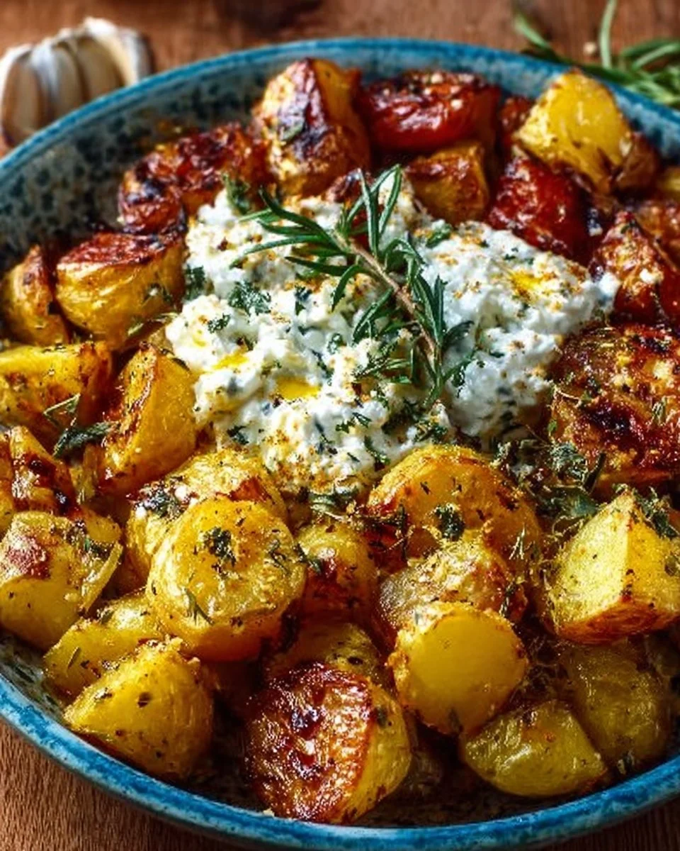 Mediterranean roasted potato and tzatziki bowl garnished with fresh herbs and vegetables.