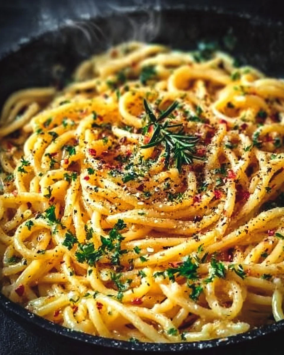 Delicious midnight pasta dish topped with fresh herbs and cheese at night.