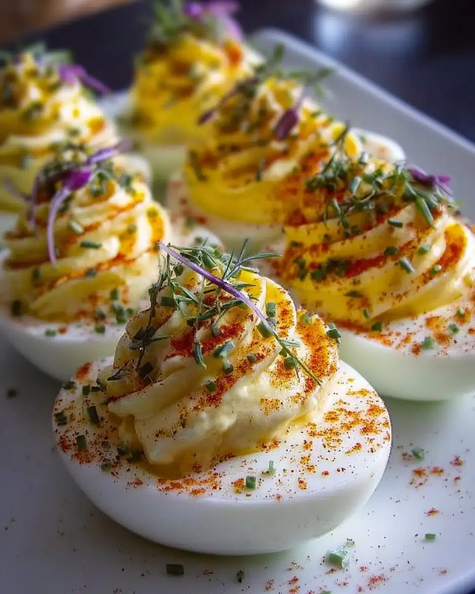 Delicious Million Dollar Deviled Eggs garnished and served on a platter.