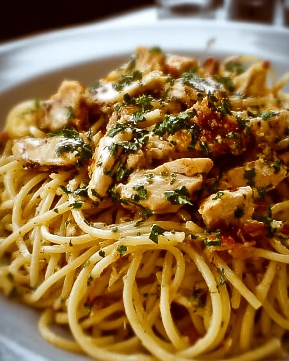 Plate of Monterey Chicken Spaghetti garnished with herbs and cheese