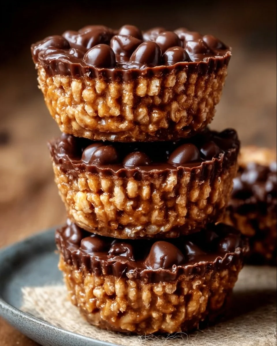 No-Bake Chocolate Peanut Butter Rice Krispie Cups ready to enjoy