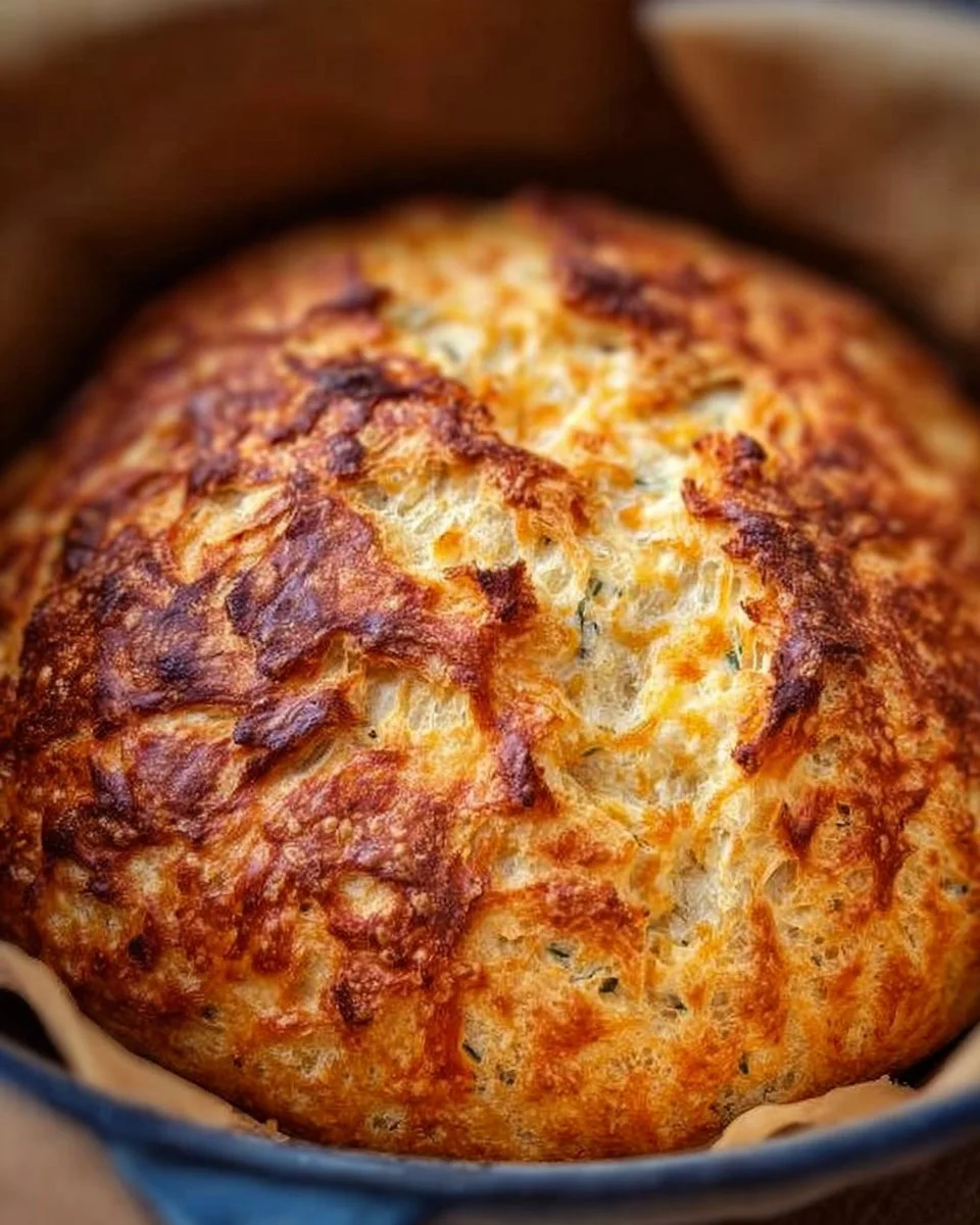 Loaf of freshly baked no knead cheddar bread with a golden crust