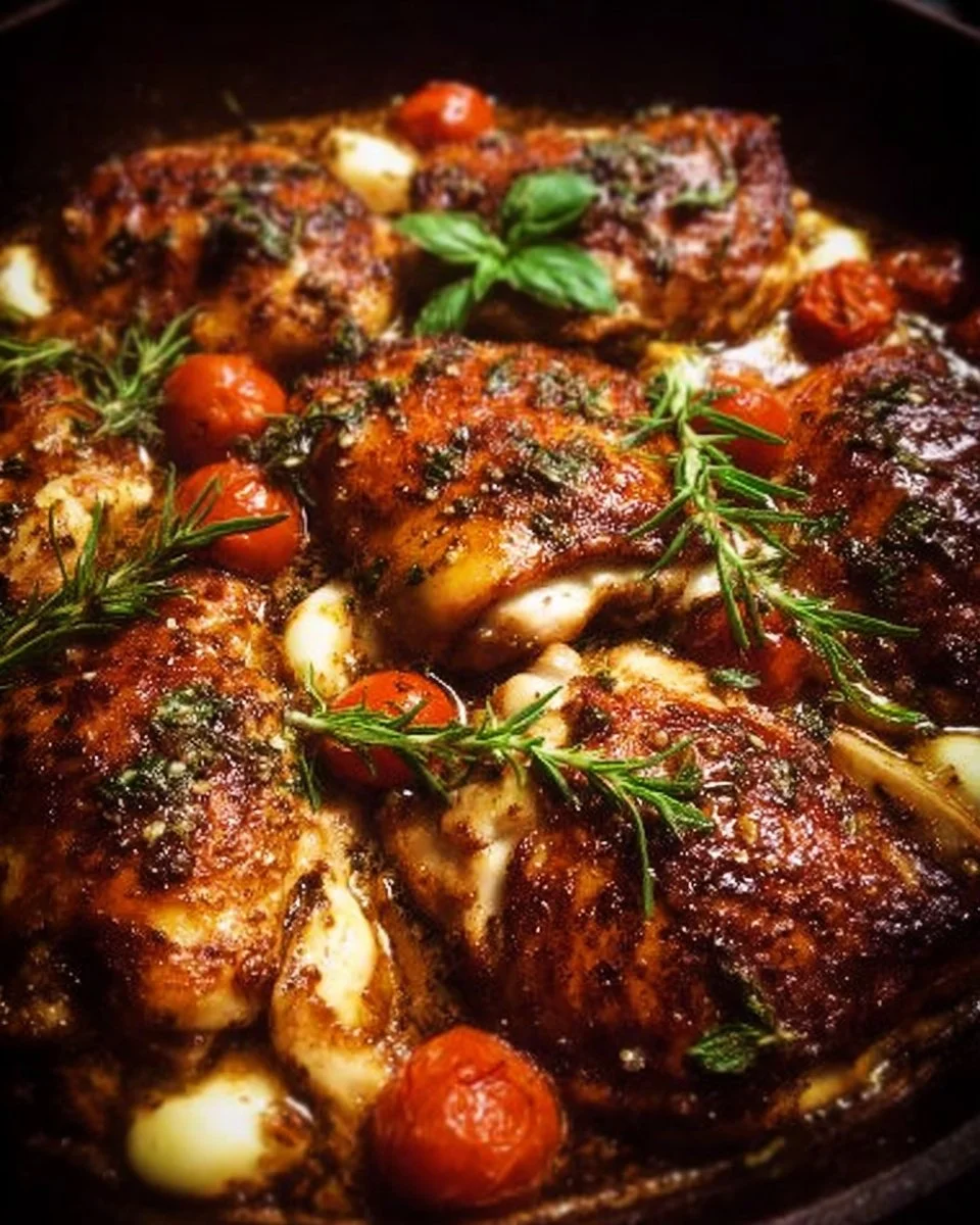 One-pan balsamic chicken dish with vibrant vegetables and herbs