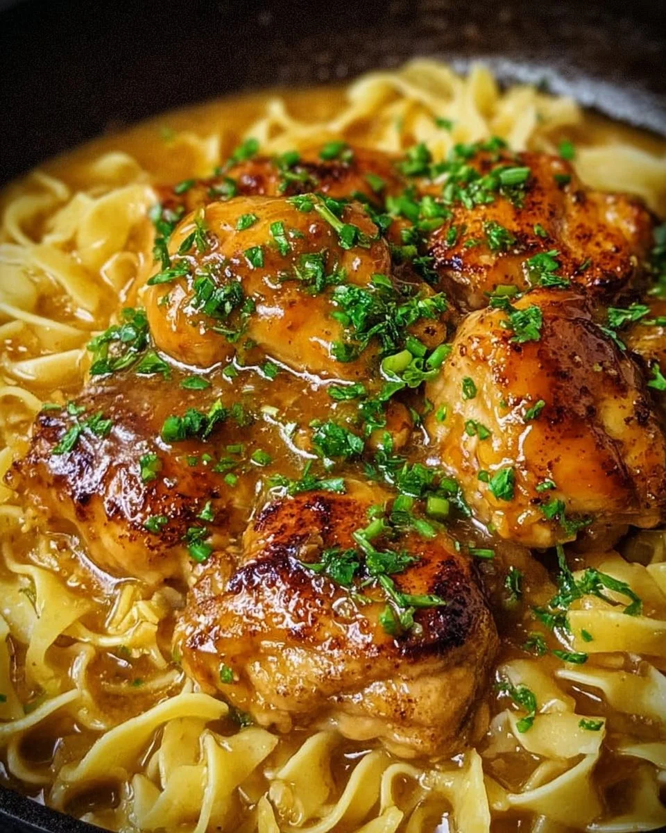 One-Pan Chicken and Buttered Noodles dish served in a skillet