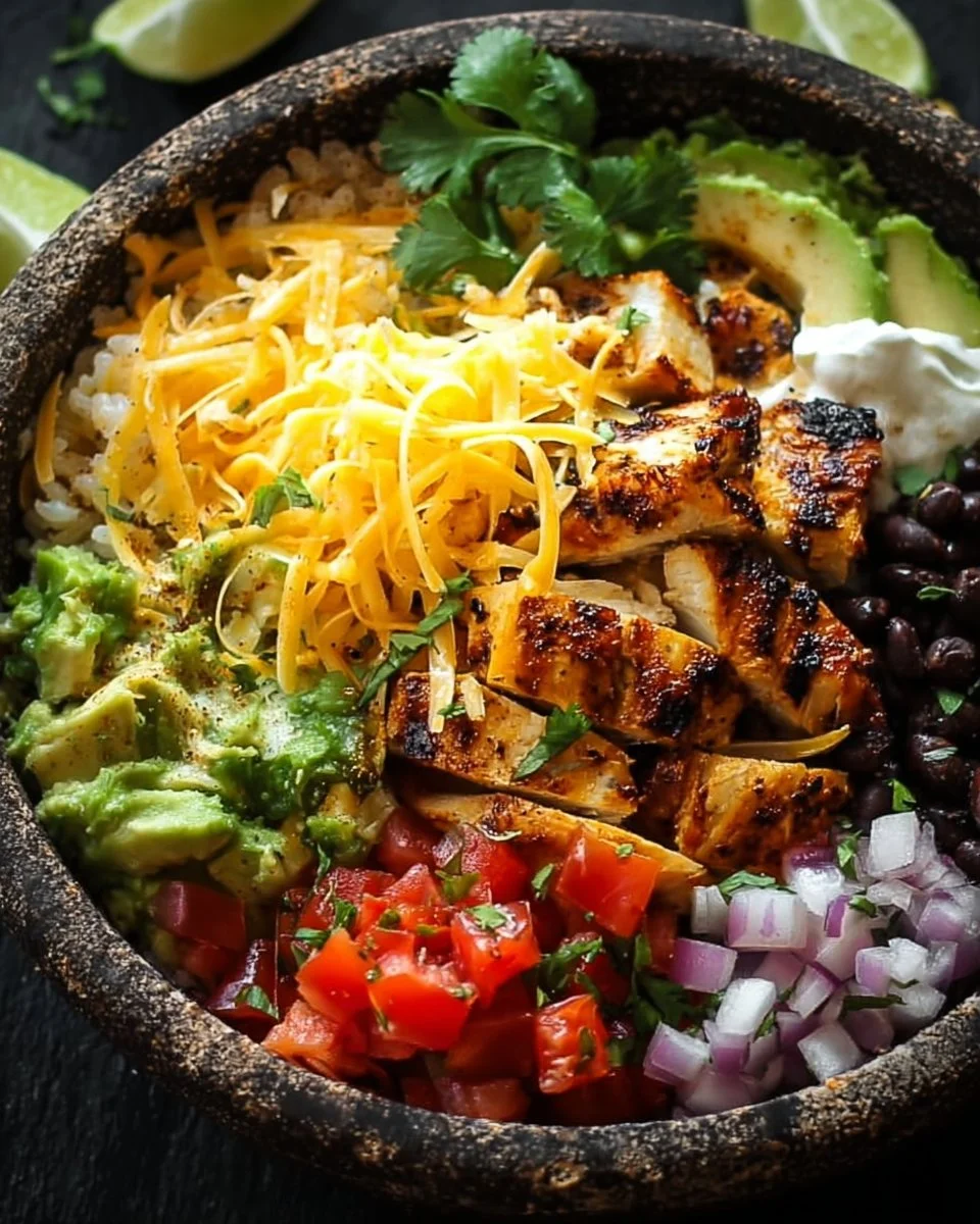 One-Pan Chicken Burrito Bowl with fresh ingredients and spices