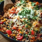 One Pot Burrito Bowls with fresh ingredients in a serving bowl
