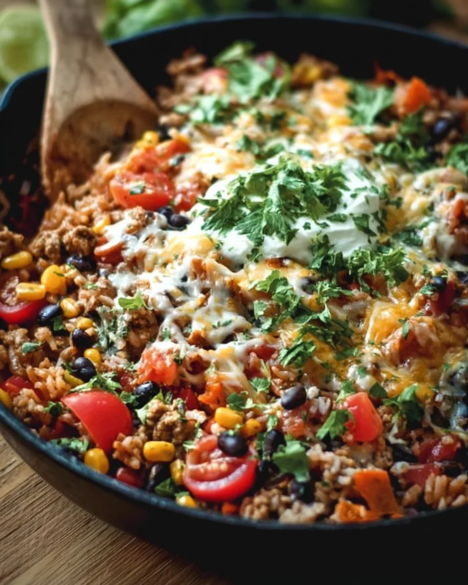 One Pot Burrito Bowls with fresh ingredients in a serving bowl