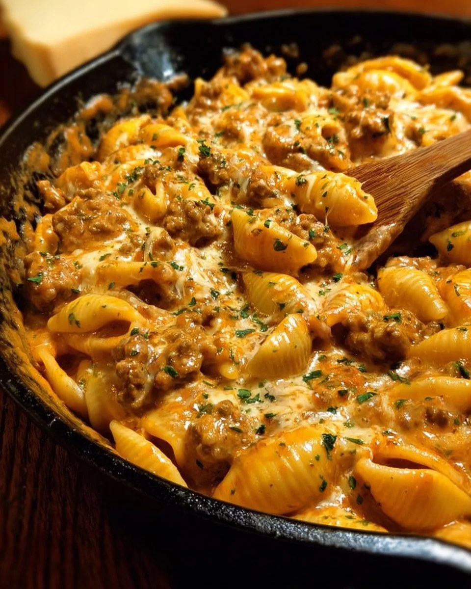 One Pot Cheesy Italian Sausage and Shells with creamy cheese and pasta