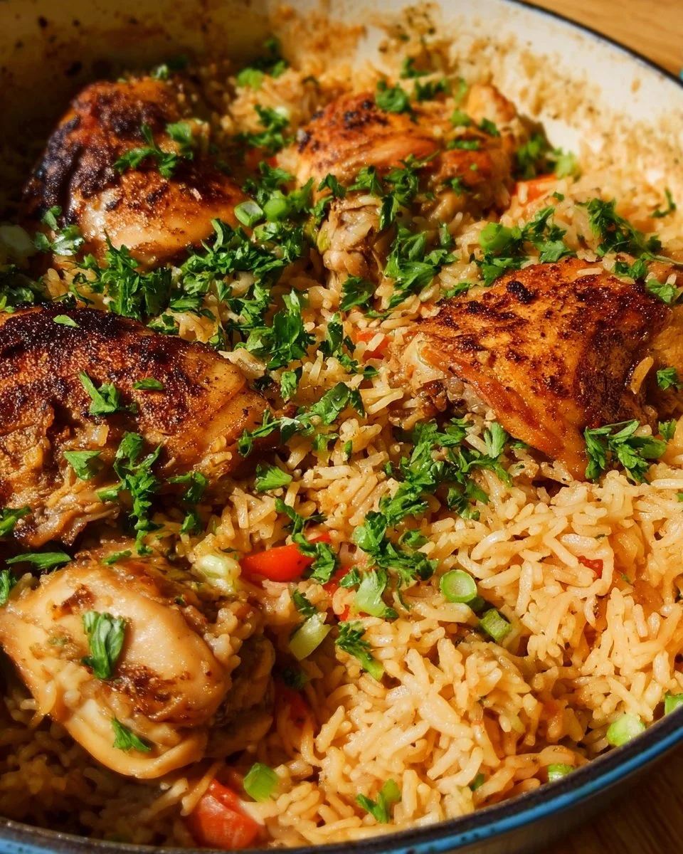 Delicious one pot chicken and rice dish in a cooking pot