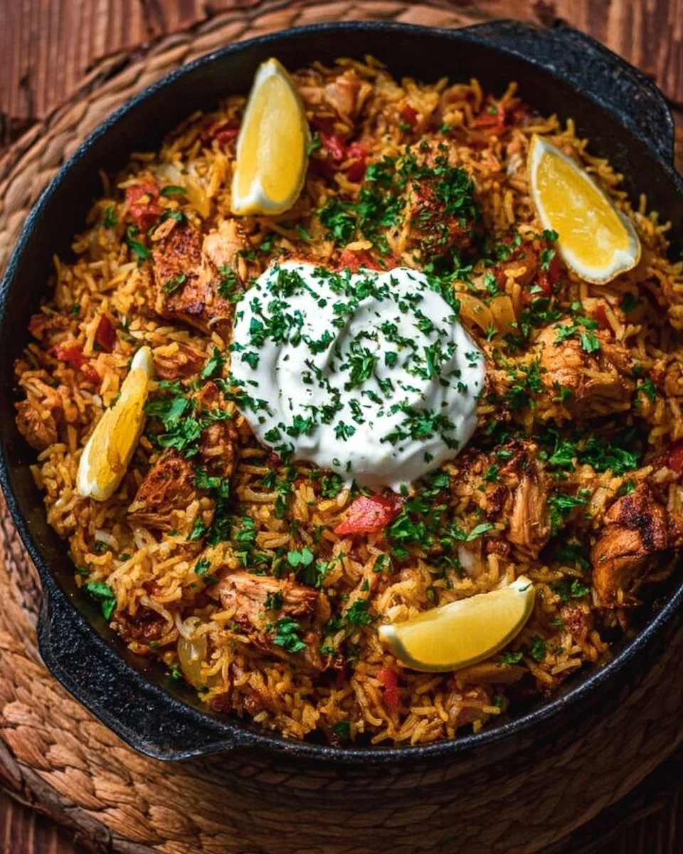 One Pot Chicken Shawarma Rice dish with spices and vegetables.