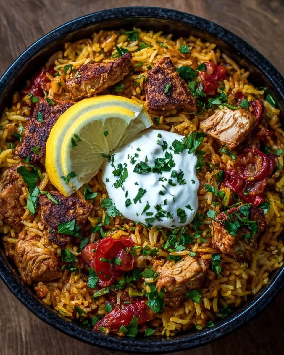 One Pot Chicken Shawarma Rice served with fresh vegetables and herbs