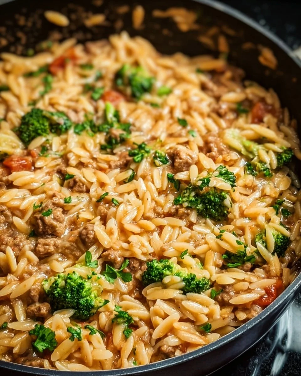 Delicious One-Pot Ground Turkey Orzo cooked with vegetables and spices.