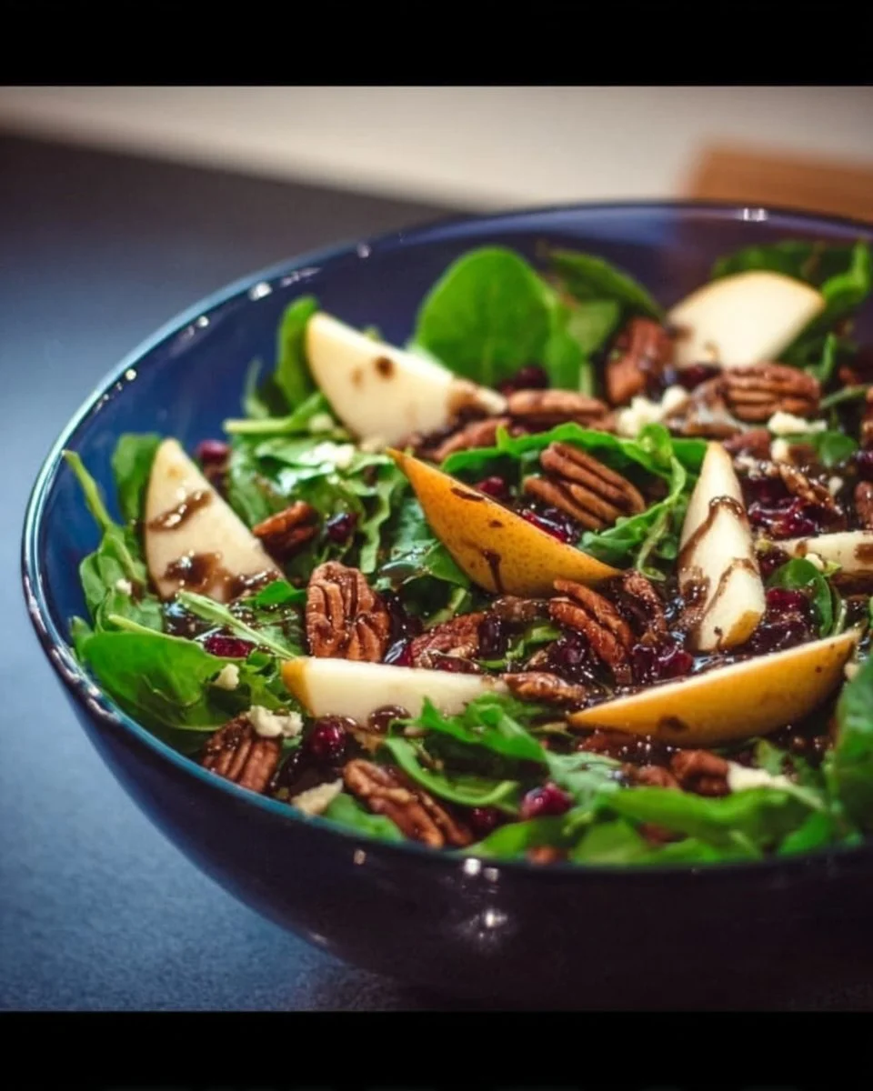 Delicious Pear and Candied Pecan Salad with fresh greens and nuts
